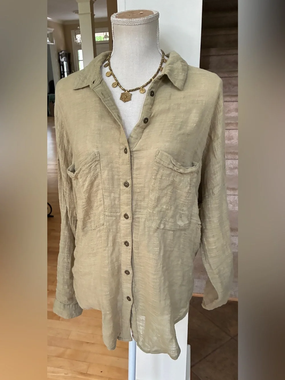 Free People Celery Green Textured Button-Down Shirt with tie back